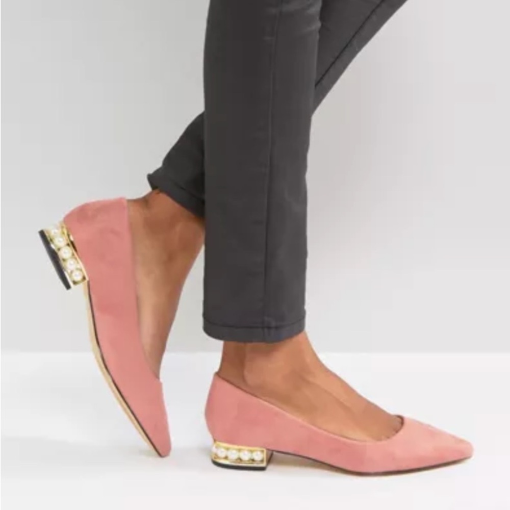 Powder pink pointed toe flats with pearls